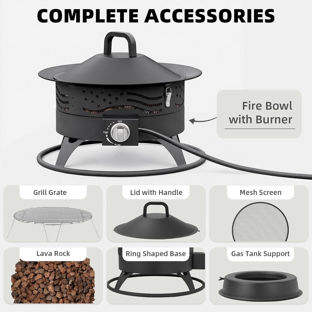 Portable Propane Fire Pit, 20 Inch Smokeless Gas Fire Pit Bowl For Outside, 60,000 Btu Outdoor Firepit With Grill Grate & Lid For Camping, Patio, Yard, Garden