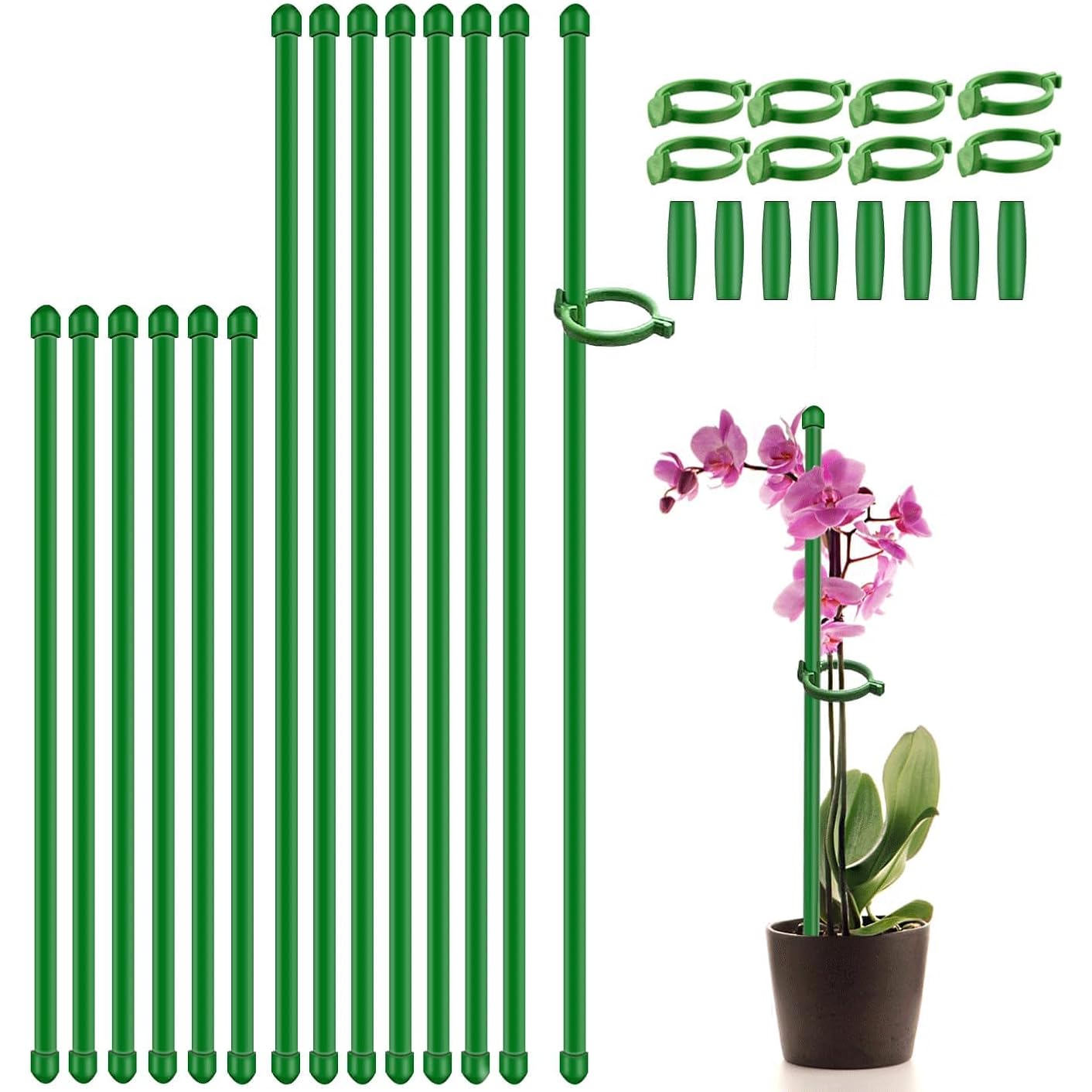 Plant Stakes 17Inch &11Inch Supking Adjustable Length Plant Support Stake 16Pcs Orchid Stick With Clips For Indoor Outdoor,Garden Pole For Potted Tomato Amaryllis Vegetables Comes With 20 Ties (Green)