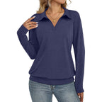 Ticticmiss Womens Polo Shirts Long Sleeve Banded Bottom Tops Business Casual Tops Collared V Neck Blouses