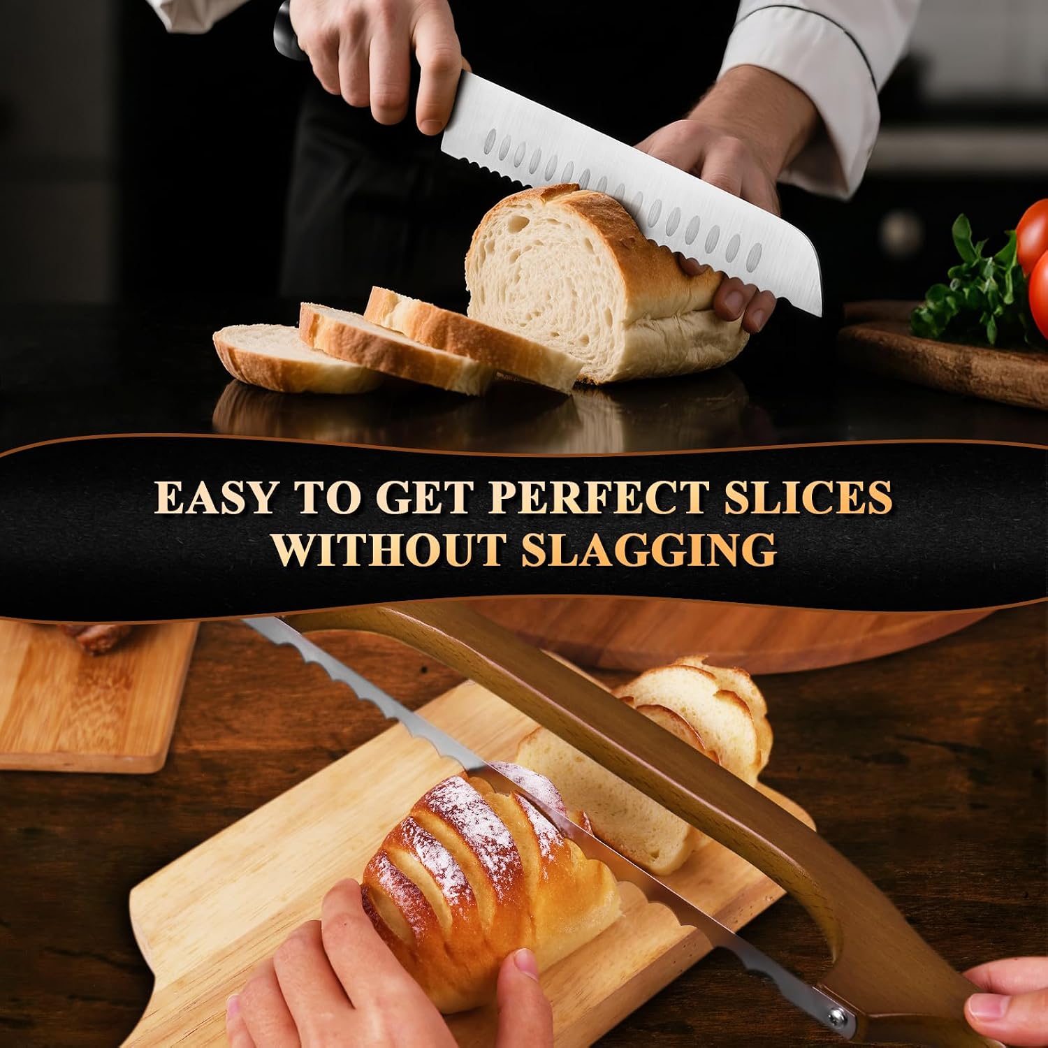 2 Pack Sourdough Bread Knife For Homemade Bread, Serrated Bread Cutter Ergo-Safe Engineering Anti-Stick Bread Bow Knife For Sourdough, Baguettes, Cakes