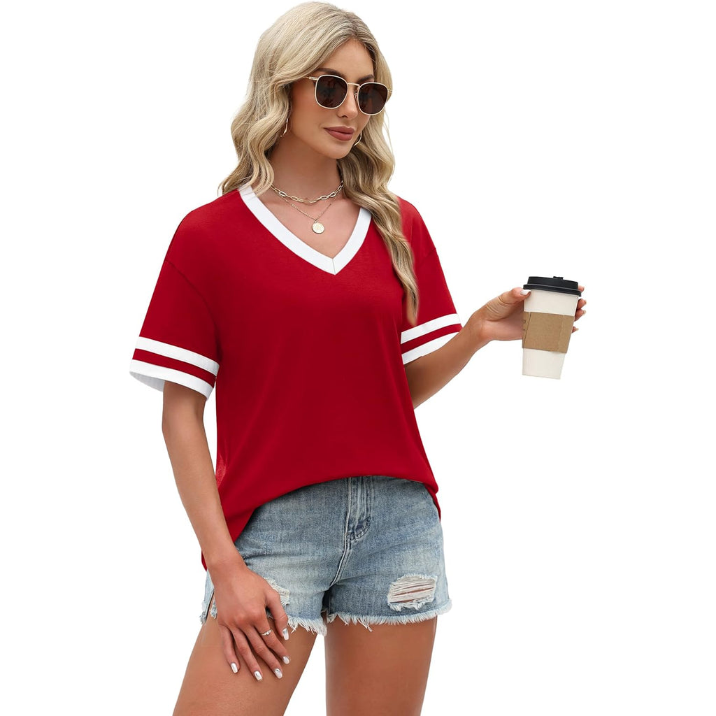 Womens T Shirts Loose Fit Short Sleeve Tees V Neck Color Block Summer Tops 2026 Fashion S-4XL