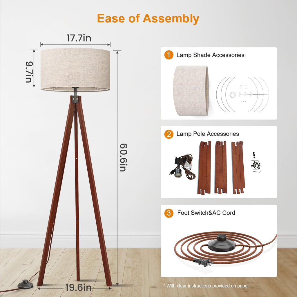 Lepower Tripod Floor Lamp Mid Century Modern Standing Lamps For Living Room | Light-Diffusing Linen Shade, Premium Rubberwood Tripod With E26 Base, Adding Warmth To Bedroom, Office & Study Corner Brown