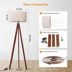 Lepower Tripod Floor Lamp Mid Century Modern Standing Lamps For Living Room | Light-Diffusing Linen Shade, Premium Rubberwood Tripod With E26 Base, Adding Warmth To Bedroom, Office & Study Corner Brown