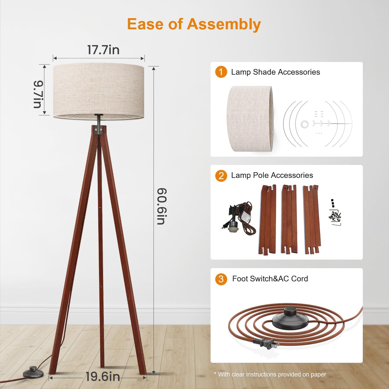 Lepower Tripod Floor Lamp Mid Century Modern Standing Lamps For Living Room | Light-Diffusing Linen Shade, Premium Rubberwood Tripod With E26 Base, Adding Warmth To Bedroom, Office & Study Corner Brown