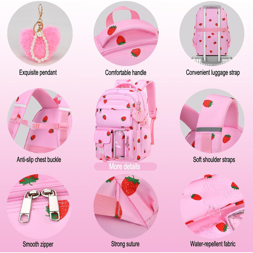 Girls Backpack Set With Lunch Box & Pencil Case, Floral Print Girls School Backpack For Elementary/Middle/High School (Pink-Strawberry)