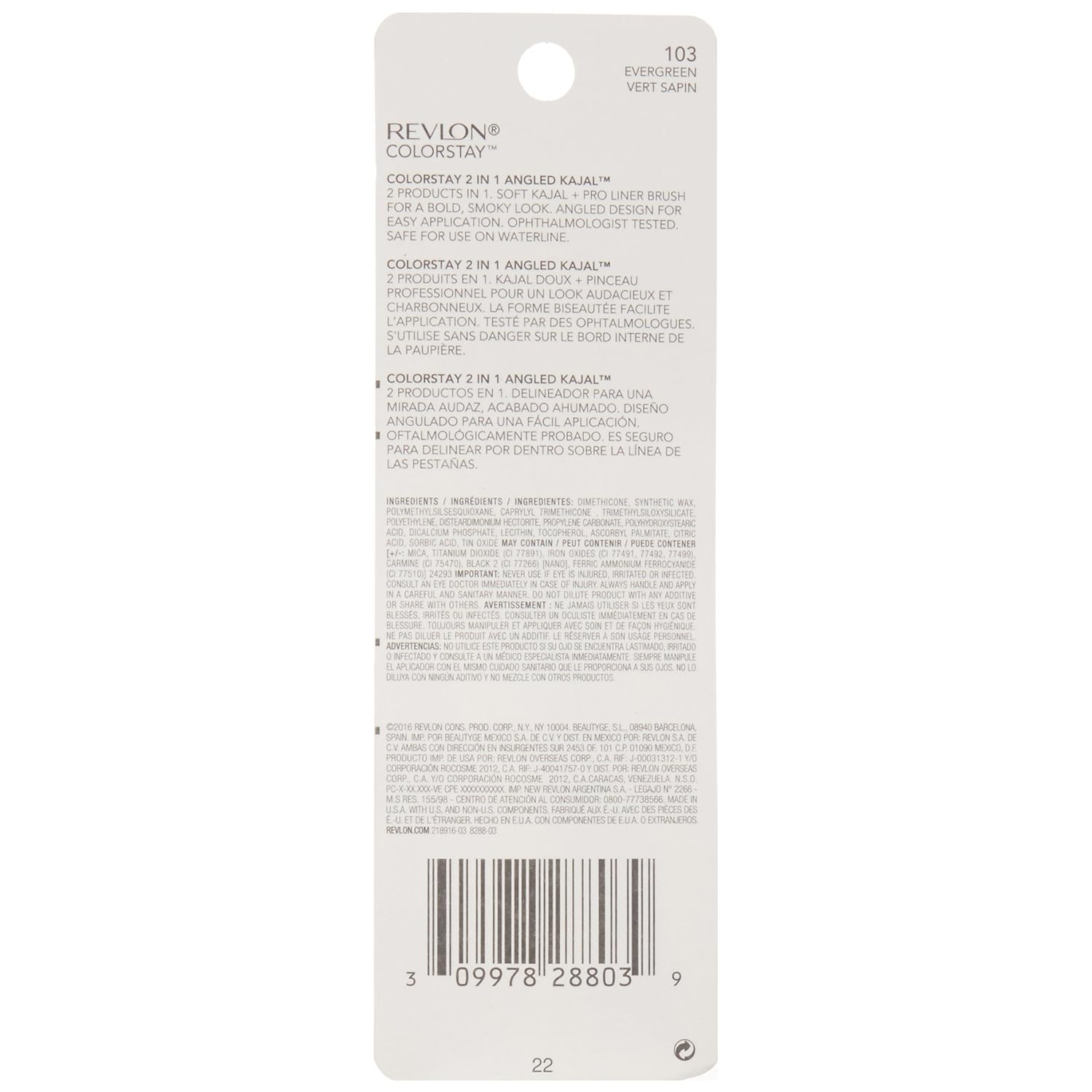 Revlon ColorStay 2-in-1 Angled Kajal Eyeliner, Waterproof Eye Makeup with Smudge Brush for Smokey Eyes, Evergreen (103), 0.01 oz