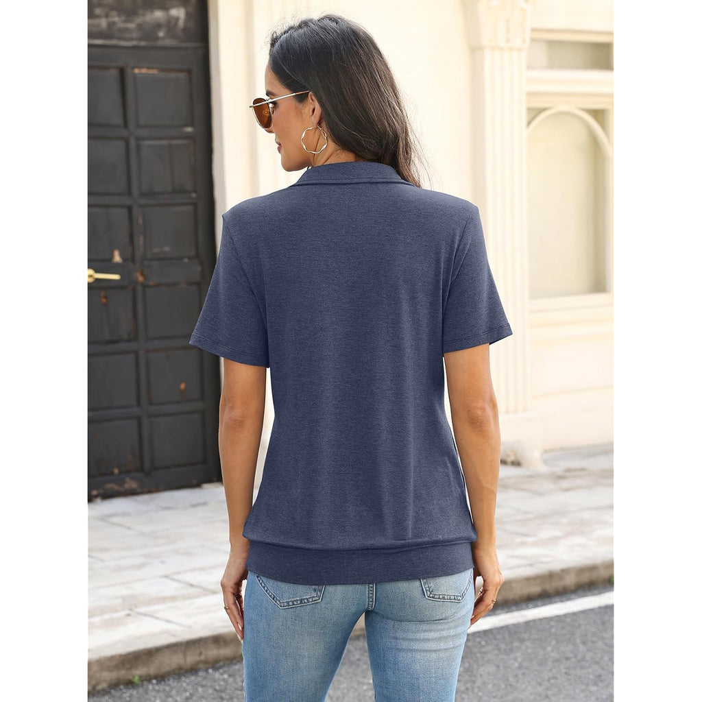 Ticticmiss Womens Polo Shirts Short Sleeve Banded Bottom Tops Business Casual Tops Collared V Neck Dressy Blouses