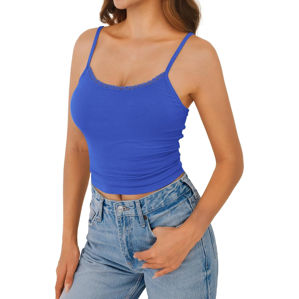 GKBK Womens Lace Tank Top Scoop Neck Ribbed Camisole Tops Adjustable Spaghetti Straps Sleeveless Summer Basic Cami Shirt
