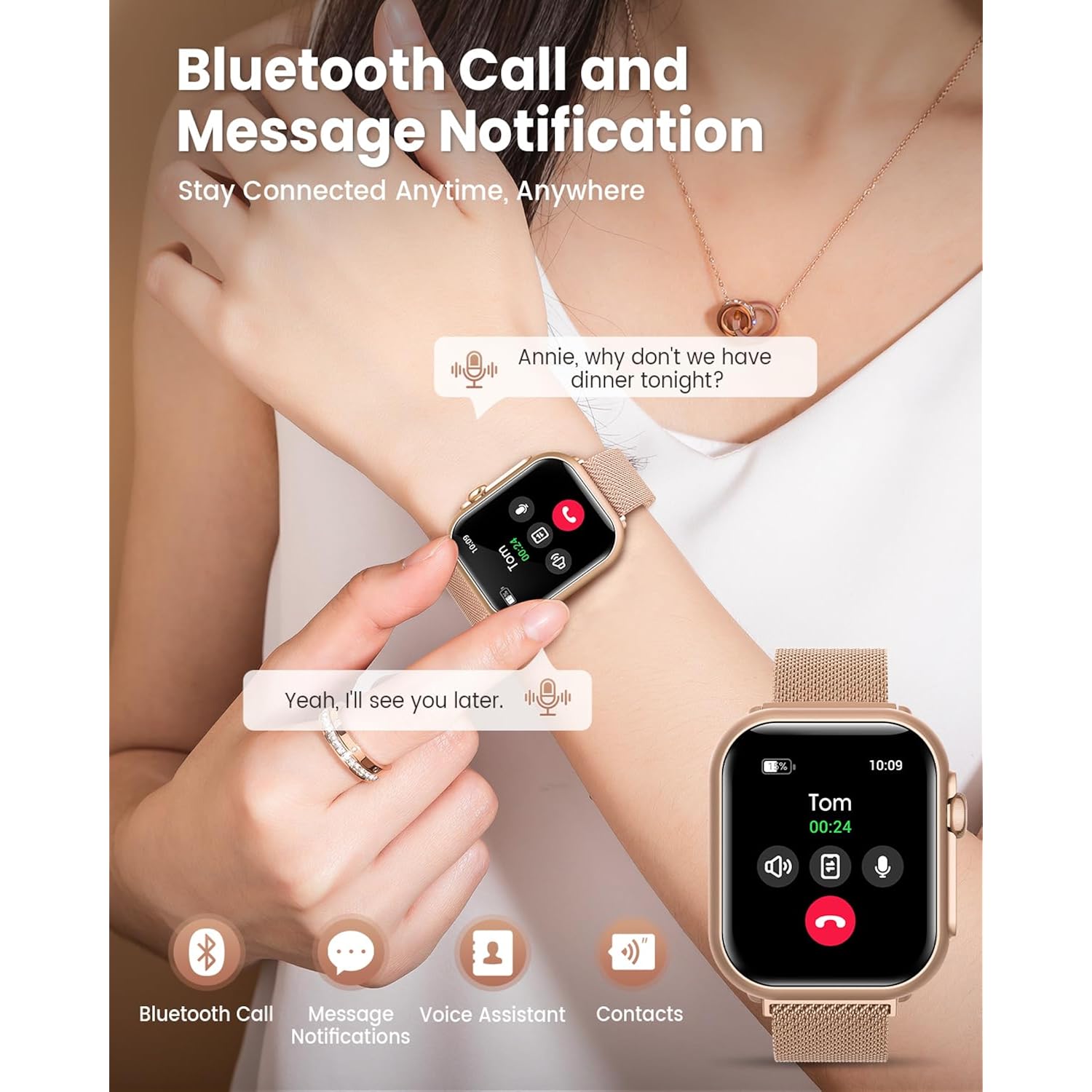 Smart Watch for Women for iPhone Android: 1.85"Smartwatch with Make/Answer Call Sleep Heart Rate SpO2 Blood Pressure Monitor IP68 Waterproof 120+Sport Mode Fitness Tracker 1000mAh Battery 2Bands Pink