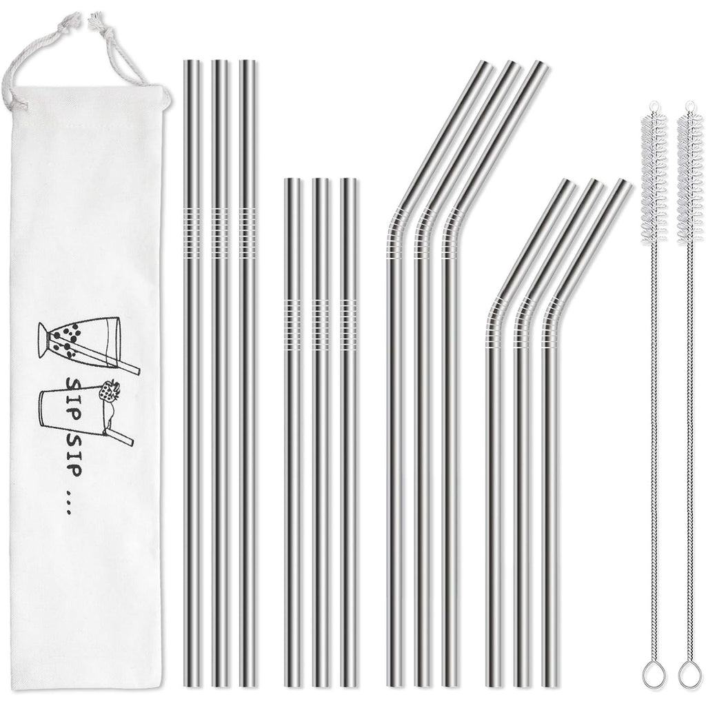 Hiware 12-Pack Reusable Stainless Steel Metal Straws With Case - Long Drinking Straws For 30 Oz And 20 Oz Tumblers Dishwasher Safe - 2 Cleaning Brushes Included