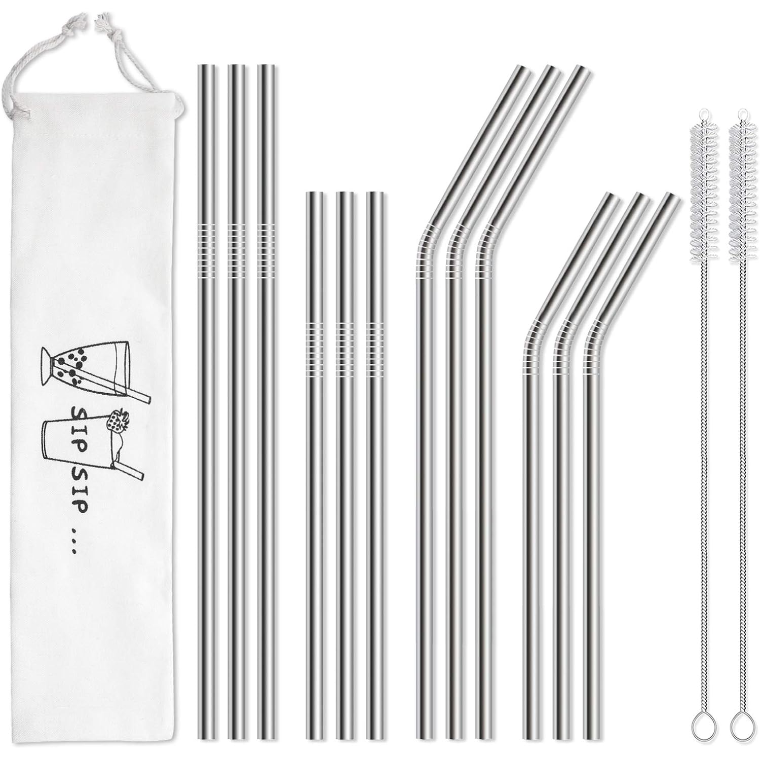 Hiware 12-Pack Reusable Stainless Steel Metal Straws With Case - Long Drinking Straws For 30 Oz And 20 Oz Tumblers Dishwasher Safe - 2 Cleaning Brushes Included