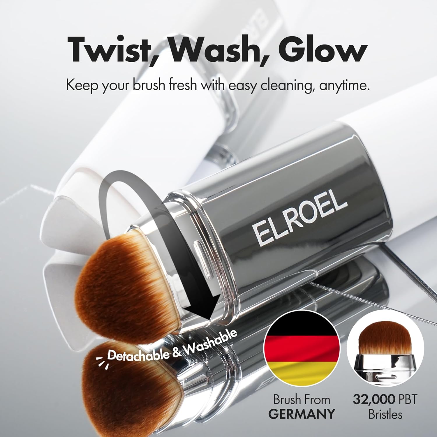 ELROEL Blanc Cover Cream Stick V White - Korean Color-Changing Foundation Stick with Volufiline - Medium to Full Coverage Dewy Finish Base Makeup - Dual-Ended with Detachable Brush (203 Medium)