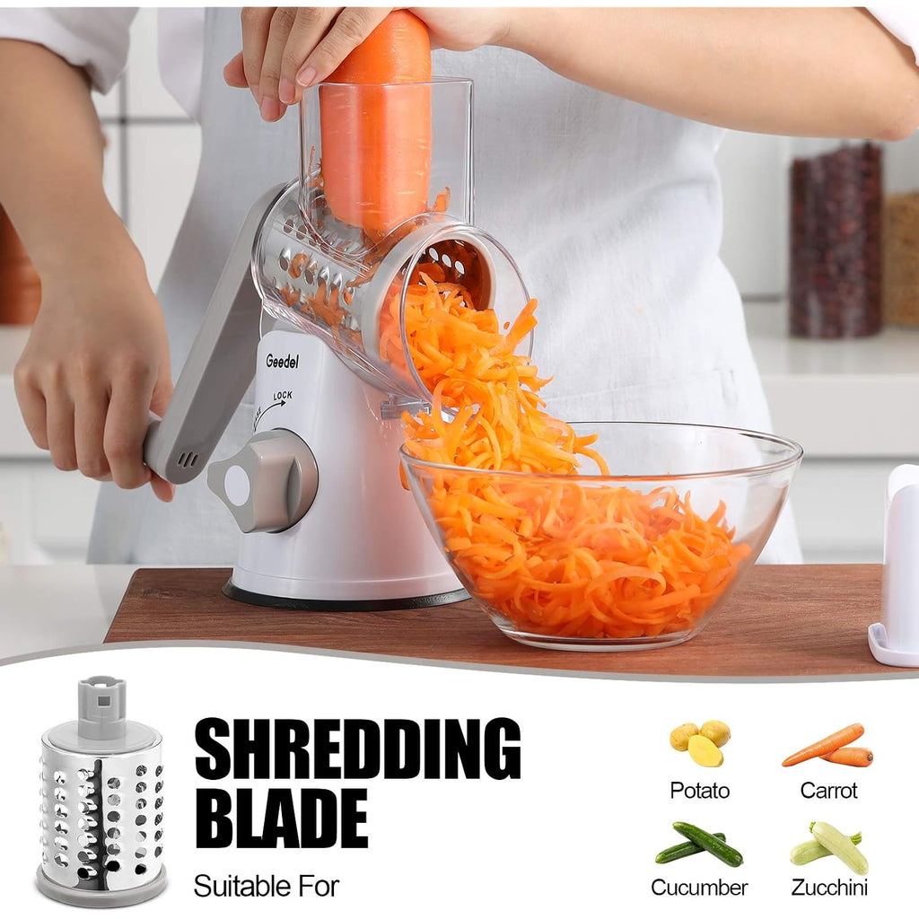 Geedel Rotary Cheese Grater, Kitchen Mandoline Vegetable Slicer With 3 Interchangeable Blades, Easy To Clean Rotary Grater Slicer For Cheese, Vegetables, Nuts