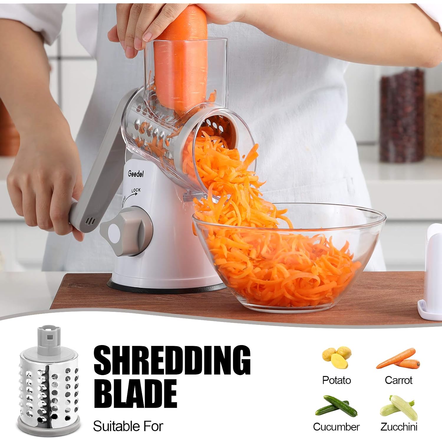 Geedel Rotary Cheese Grater, Kitchen Mandoline Vegetable Slicer With 3 Interchangeable Blades, Easy To Clean Rotary Grater Slicer For Cheese, Vegetables, Nuts