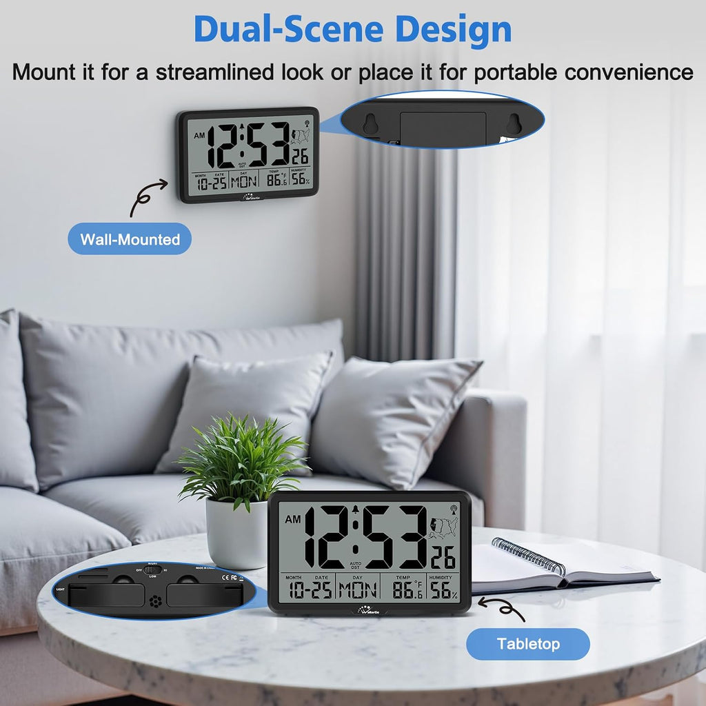 Atomic Wall Clock With Backlight, Digital Wall Clock Battery Operated For Classroom, Bedroom, Office, Large Display With Indoor Temperature, Humidity, Date, Auto Dst, 6 Time Zones