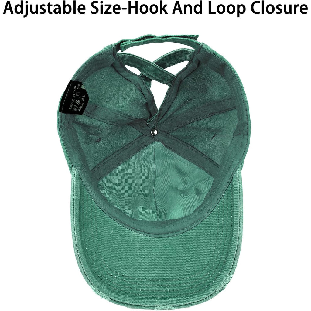 Women Distressed Ponytail Baseball Caps Adjustable Criss Cross Ponytail Hats High Messy Bun Ponycap Trucker Hat White