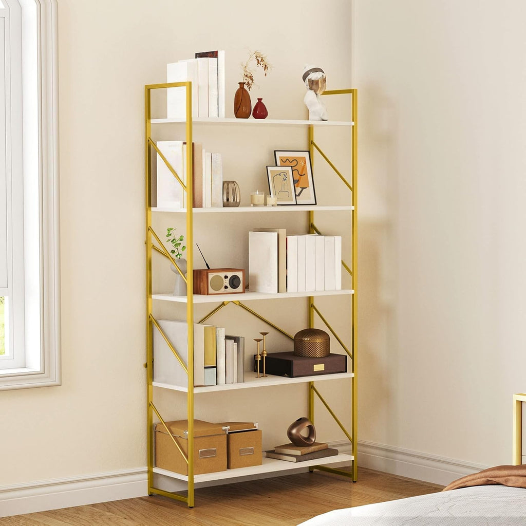Yitahome 5 Tiers Gold Bookshelf | Modern Wide Bookcase, Large Book Rack, Storage Rack Shelves In Bedroom/Living Room/Home/Office, Books Holder Organizer