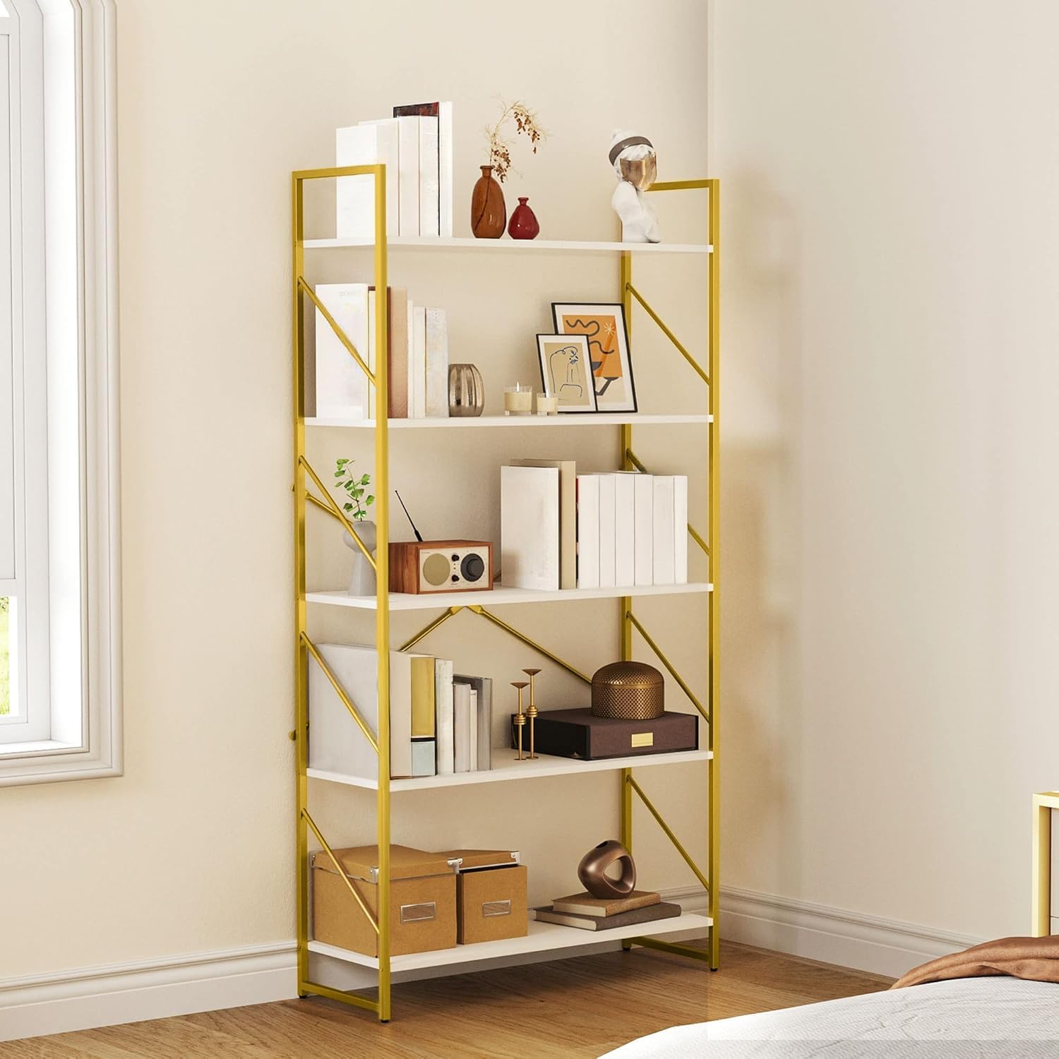 Yitahome 5 Tiers Gold Bookshelf | Modern Wide Bookcase, Large Book Rack, Storage Rack Shelves In Bedroom/Living Room/Home/Office, Books Holder Organizer