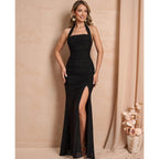 Women Bodycon Maxi Dress High Slit Halter Tie Ruched Long Formal Cocktail Wedding Guest Dresses