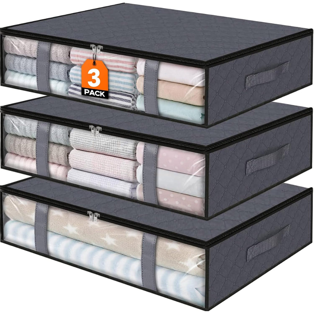 Under Bed Storage Bags 3 Pack, 40L Large Clothes & Comforter Storage Containers With Clear Window, Breathable Fabric Organizer For Blankets, Bedding, Seasonal Clothing