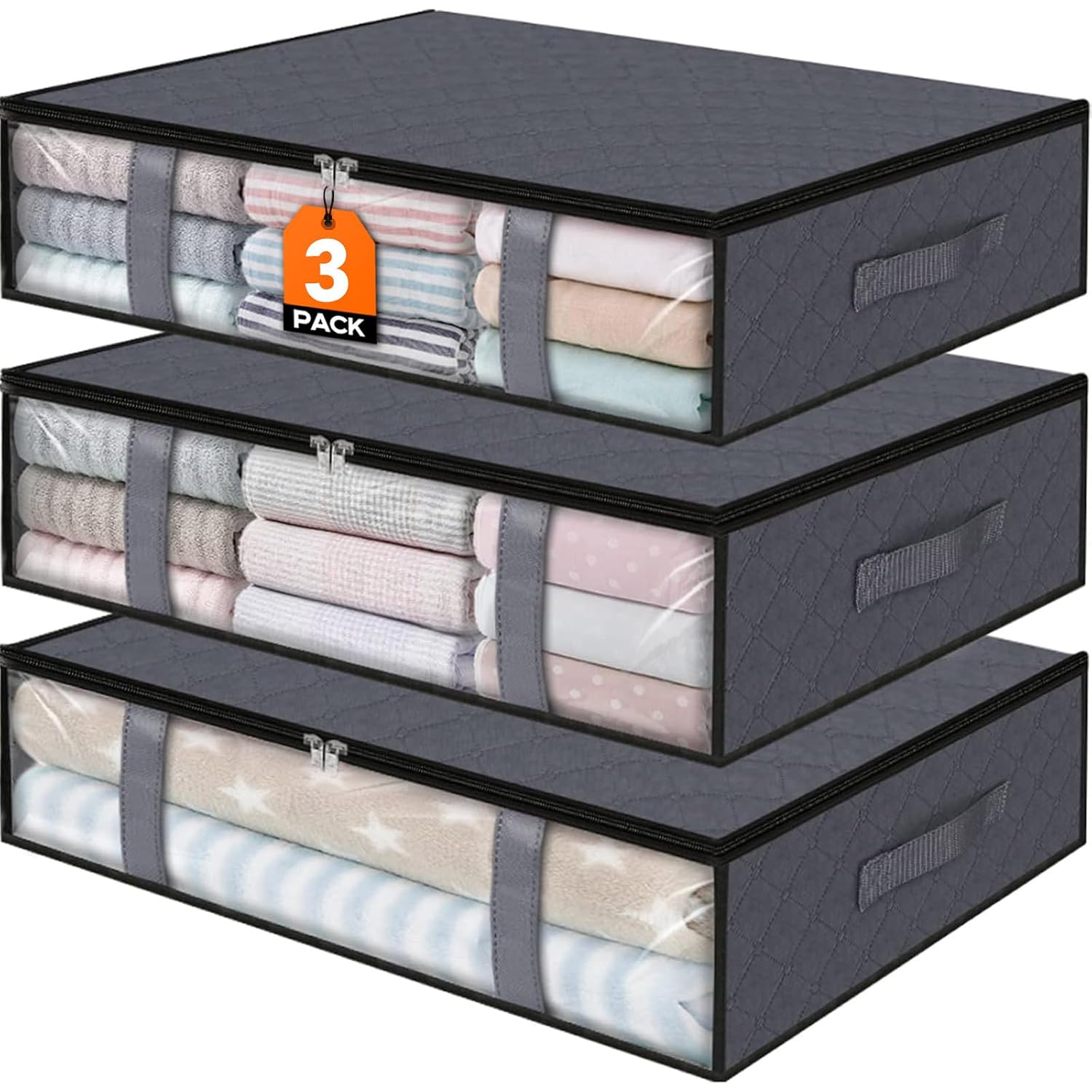 Under Bed Storage Bags 3 Pack, 40L Large Clothes & Comforter Storage Containers With Clear Window, Breathable Fabric Organizer For Blankets, Bedding, Seasonal Clothing