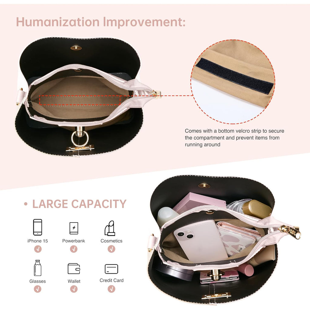 KALIDI Crossbody Purses for Women Vegan Leather Bucket Bag Fashion Ladies Crossbody Handbag Shoulder Purse with Multi Pockets