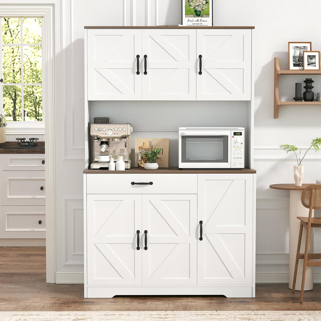 71" Pantry Cabinet With Charging Station, Large Capacity Kitchen Hutch Storage Cabinet, Kitchen Cabinet With Microwave Stand, Storage Drawers & Adjustable Shelves For Dining Room, White
