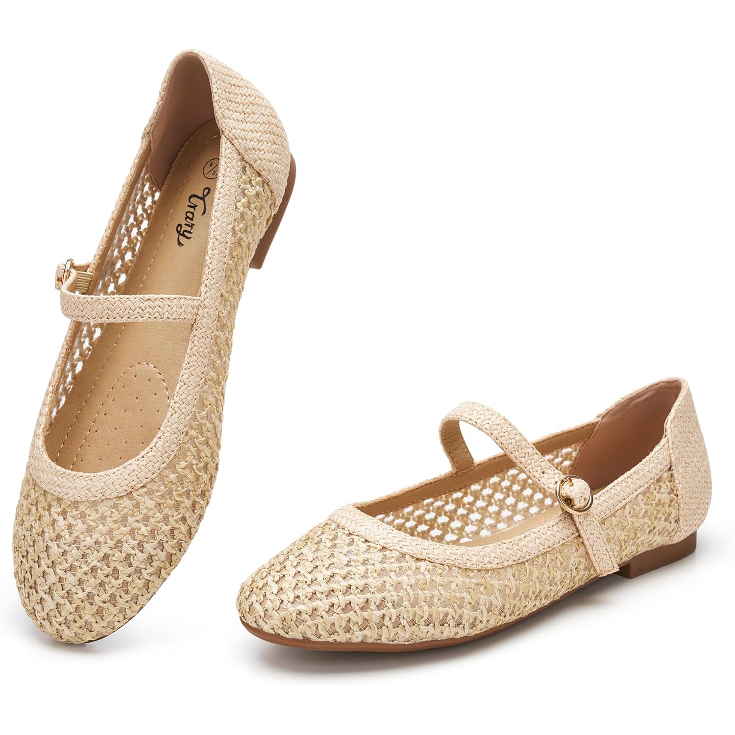 Trary Mary Jane Shoes Women Woven Flats for Women Mesh Rouned Toe Dressy Ballet Flat with Braided Adjustable Buckle Strap Spring Summer Comfortable Slip On Casual Cute Shoes