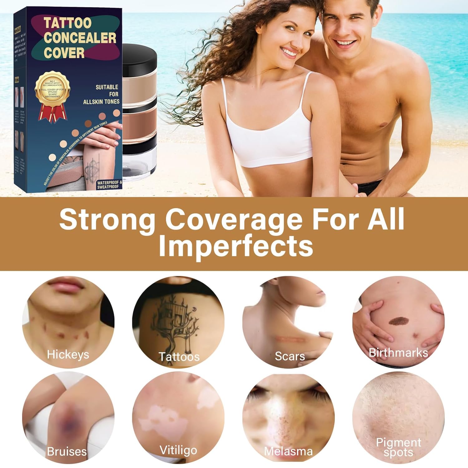 Tattoo Cover Up Makeup Waterproof, 2-Color Tattoo Concealer, Long Lasting Sweatproof Concealers and Neutralizing Makeup for Body, Naturally Cover Tattoos, Spots