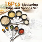 16Pcs Measuring Cups And Spoons Set, Measuring Spoon Set With Metric And Us Measurements, Fits For Measuring Dry And Liquid - Black