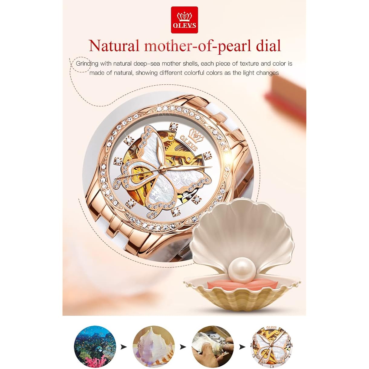 Olevs Women'S Rose Gold Automatic Watches Skeleton Mechanical Ladies Elegant Luxury Wristwatch Diamond Ceramic Band Butterfly Self Winding Dress Watch