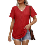 Ofeefan Womens T Shirts V Neck Short Sleeve Casual Tops Loose Fit Basic Tees With Curved Hem