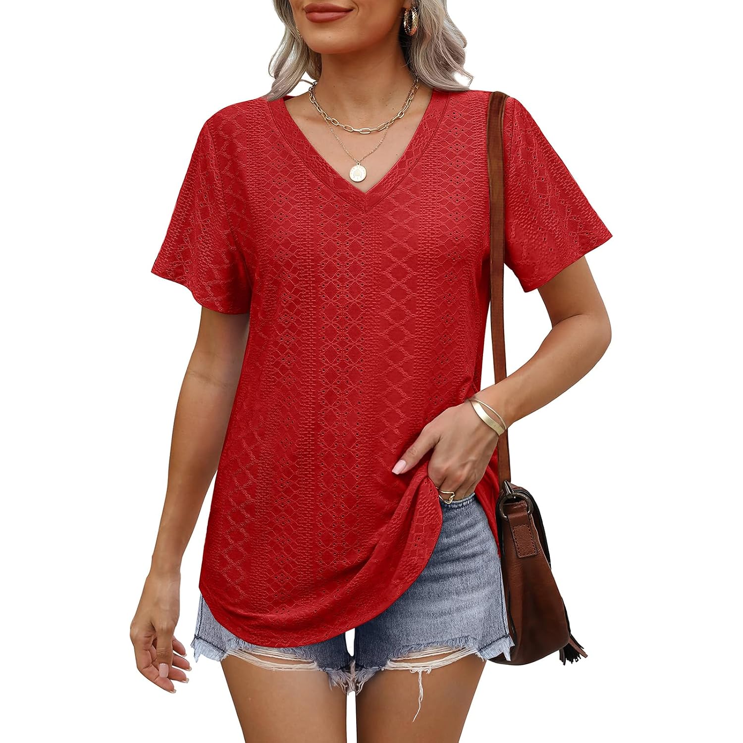 Ofeefan Womens T Shirts V Neck Short Sleeve Casual Tops Loose Fit Basic Tees With Curved Hem