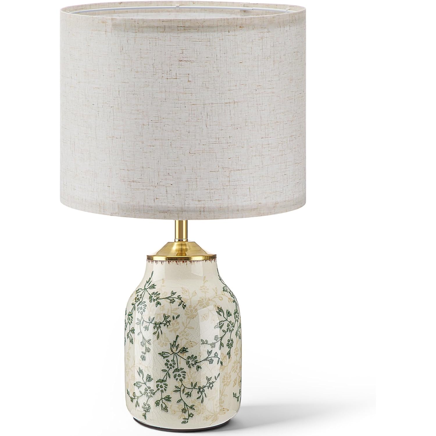 Tellingyou 1 Pcs 21" Vintage Green Ceramic Lamp With Beige Linen Shade Farmhouse Modern Table Lamp Ice Cracked Rose Floral For Bedroom Living Room Office Dorm Desk Table Rocker, Bulbs Not Included