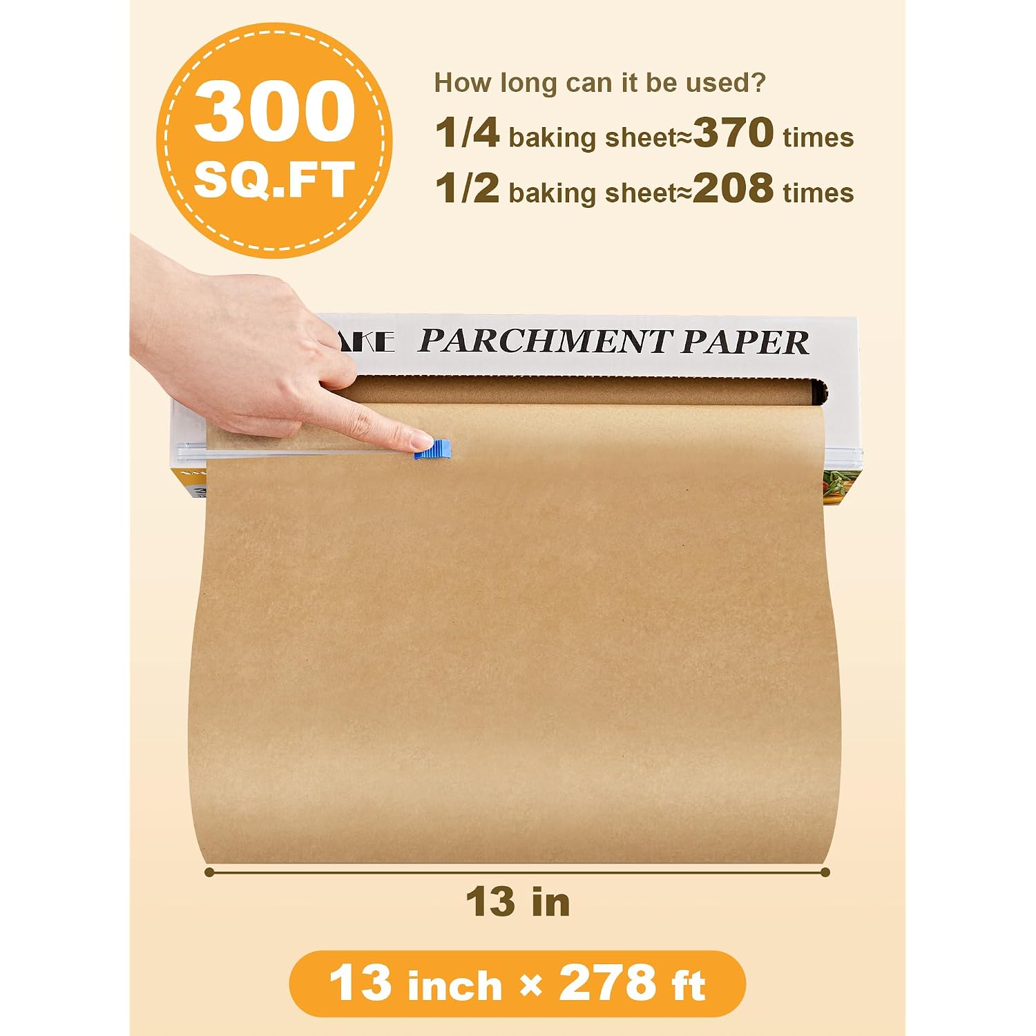 Smartake Parchment Paper Roll For Baking, 13 In X 278 Ft, 300 Sq.Ft, Non-Stick Baking Paper Sheets With Slide Cutter, Heavy Duty Extra Long, For Kitchen Baking Cooking Grilling Steaming, Unbleached