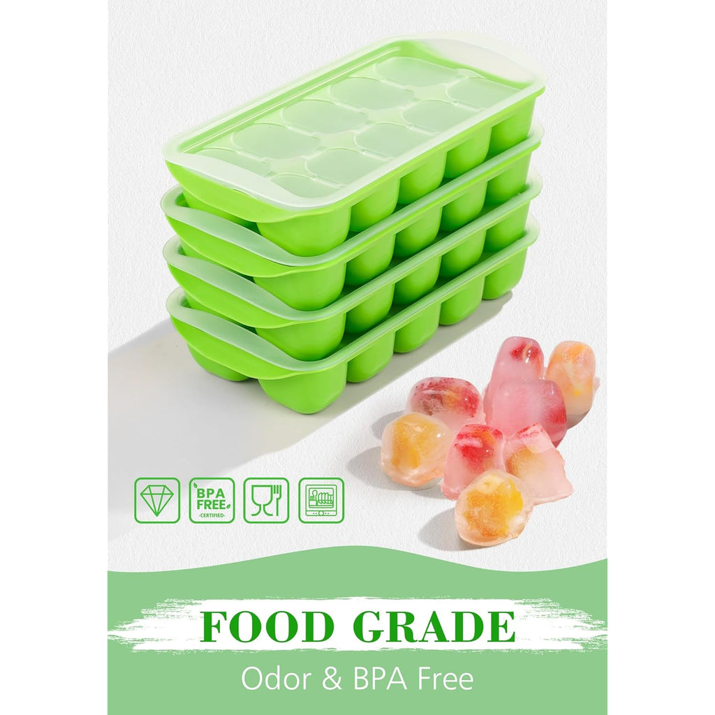 DOQAUS Ice Cube Tray with Lid and Bin - 4 Pack Ice Bucket Kits, Stackable Silicone Ice Trays for Freezer, Easy Pop Out, BPA Free for Cocktail, Coffee, Soup, Food, RV, Kitchen
