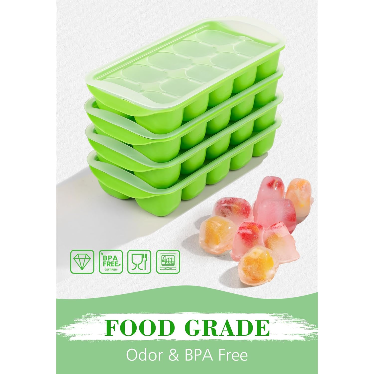 DOQAUS Ice Cube Tray with Lid and Bin - 4 Pack Ice Bucket Kits, Stackable Silicone Ice Trays for Freezer, Easy Pop Out, BPA Free for Cocktail, Coffee, Soup, Food, RV, Kitchen