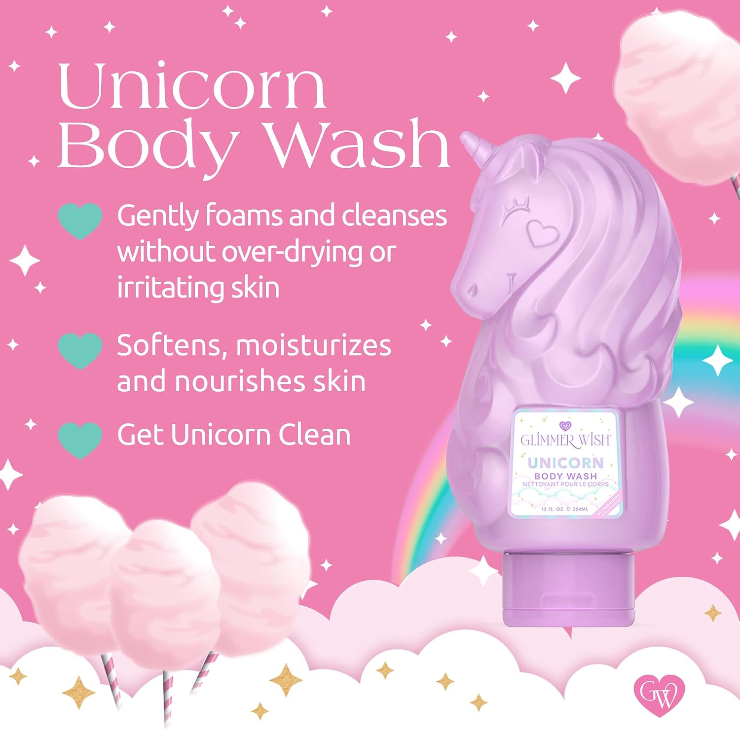 Glimmer Wish Unicorn Kids Body Wash, Gentle Cleanser And Moisturizing Sulfate Free Body Wash, Skin Care For Kids, Vanilla Cotton Candy, 12 Fl Oz