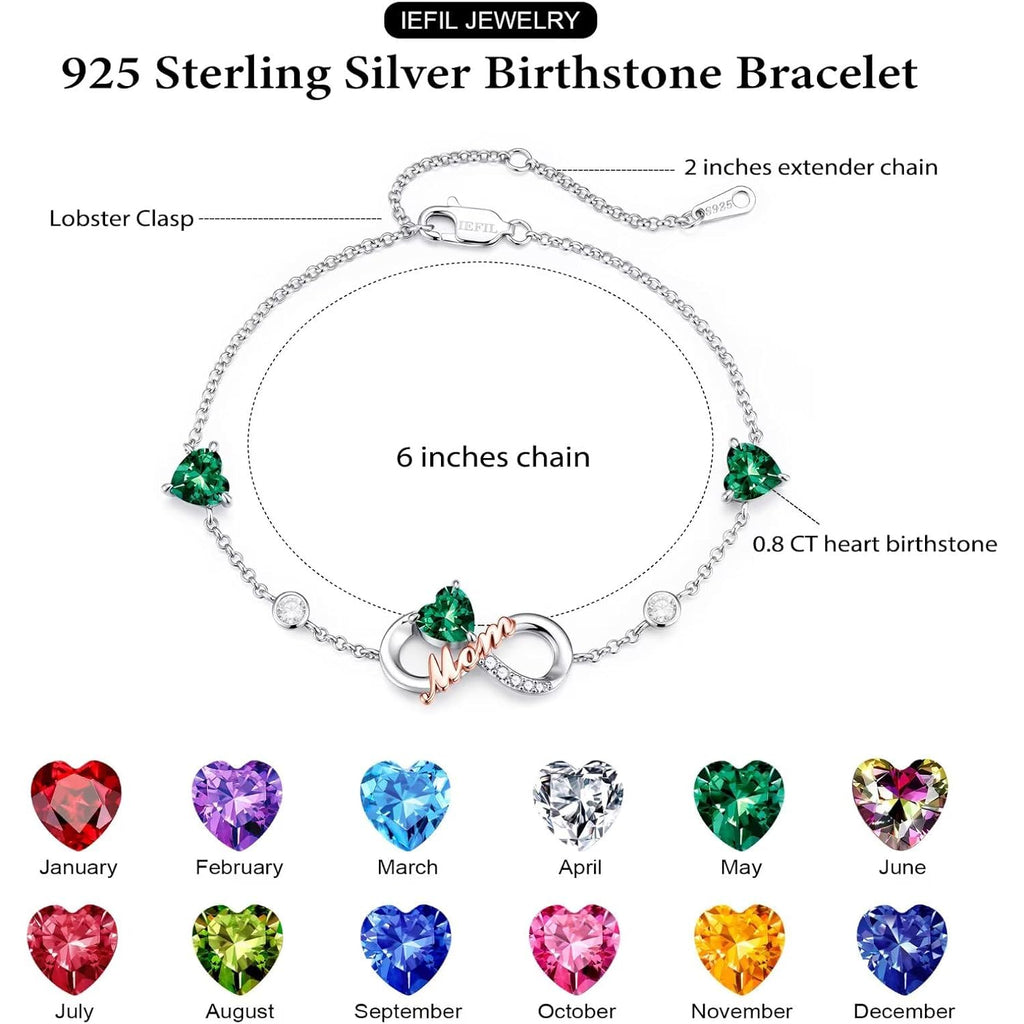 Iefil Mothers Day Gifts for Mom - 925 Sterling Silver Infinity Heart Birthstone Charm Bracelet, Birthday Gifts for New/Bonus Mom/Mother in Law