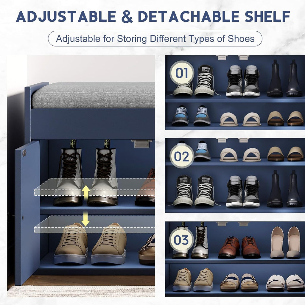 42.6" Storage Bench - Shoe Storage Bench With Side Storage Shelves And 3 Doors, Multifunctional Entryway Bench With Lift Top Cushion, Shoe Bench For Bedroom, Living Room, Entryway, Navy Blue