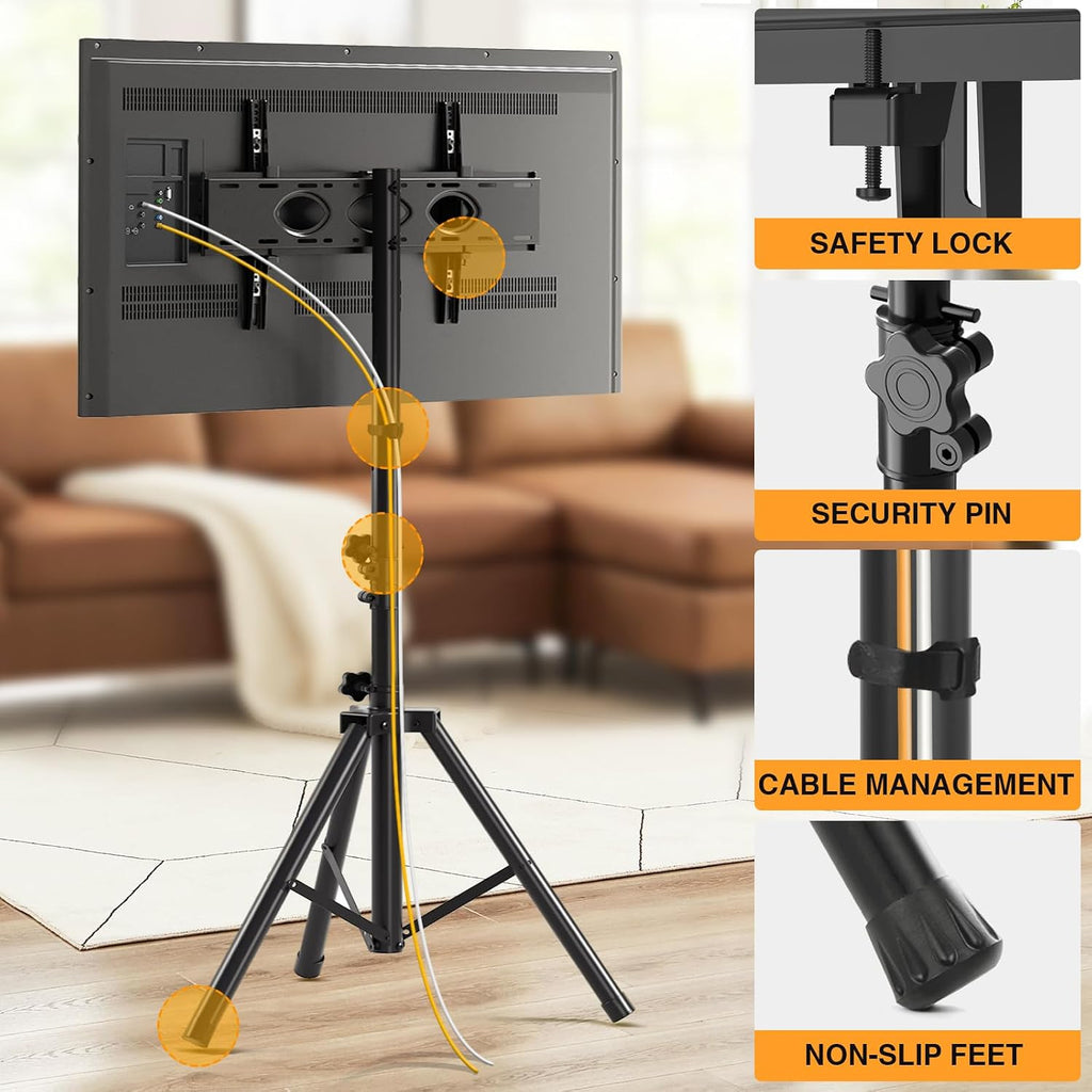 Tripod Tv Stand For 23-75 Inch Flat Screen/Curved Tvs Up To 100 Lbs | Outdoor Tv Stand With ±15° Tilt, Height Adjustable Portable Tv Stands With Safety Design, Max Vesa 600X400M, Black