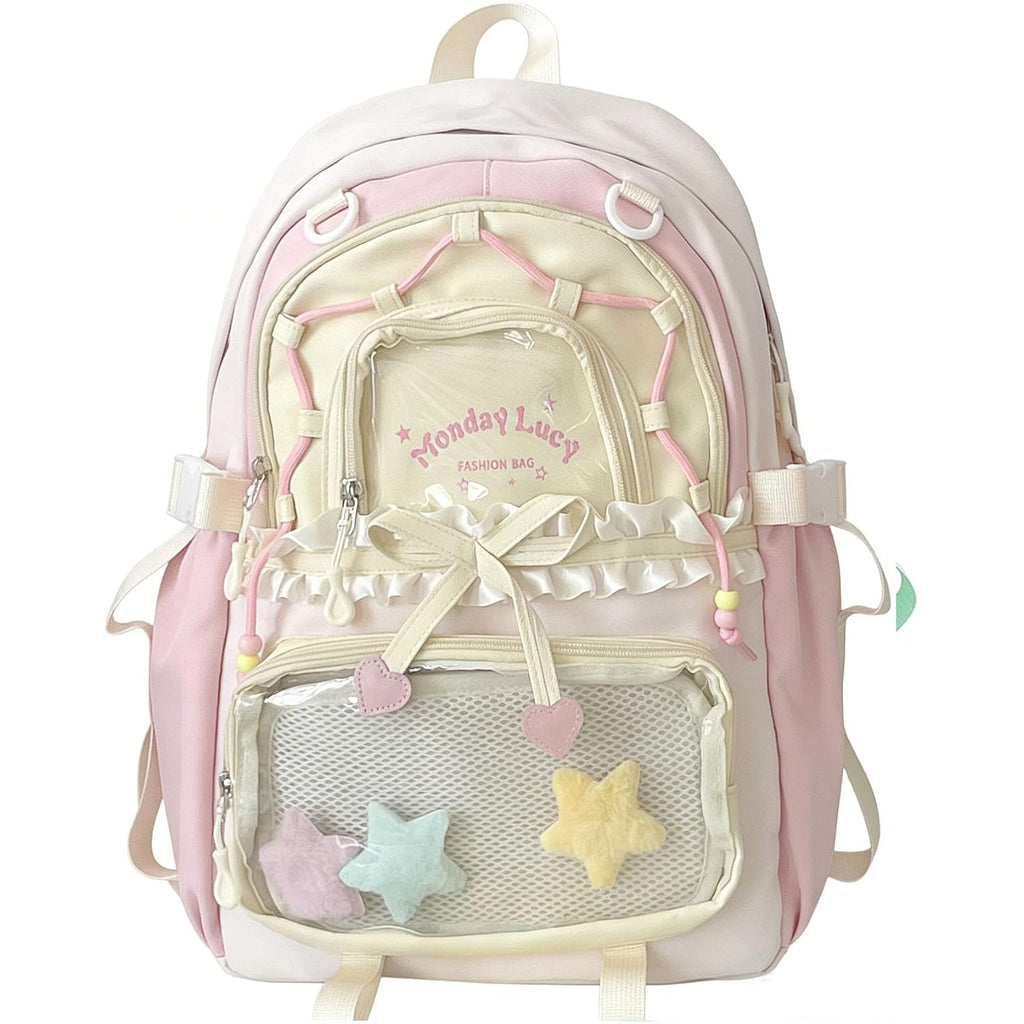 Kawaii Ita Backpack - Cute Backpack Coquette Aesthetic Back Pack Y2K Daypack With Clear Pockets With Clear Pockets (Pink)