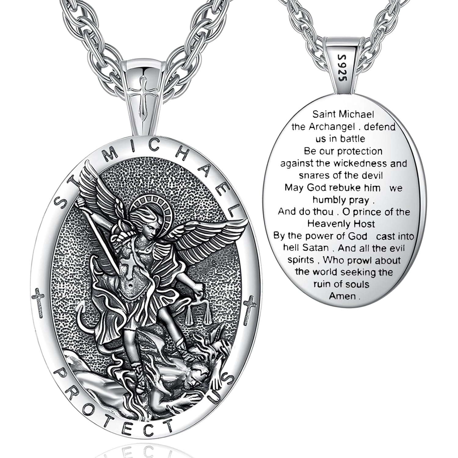 EUDORA 925 Sterling Silver St Benedict/St Michael/St Christopher/Archangel Raphael Gabriel Metatron/Virgin Mary/St Joseph/St Anthony Crucifix Pendant Bible Verse Prayer Necklace Jewelry for Men Women