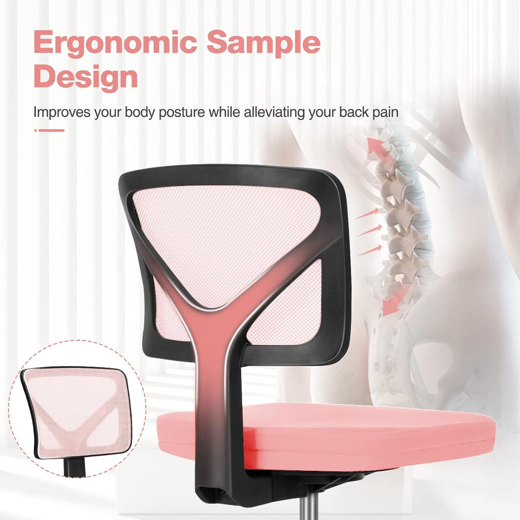 Sweetcrispy Small Desk Chair, Ergonomic Low-Back Mesh Rolling Work Swivel Chairs With Wheels, Armless Comfortable Seat Lumbar Support For Home, Bedroom, Study, Student, Adults,Classic Pink
