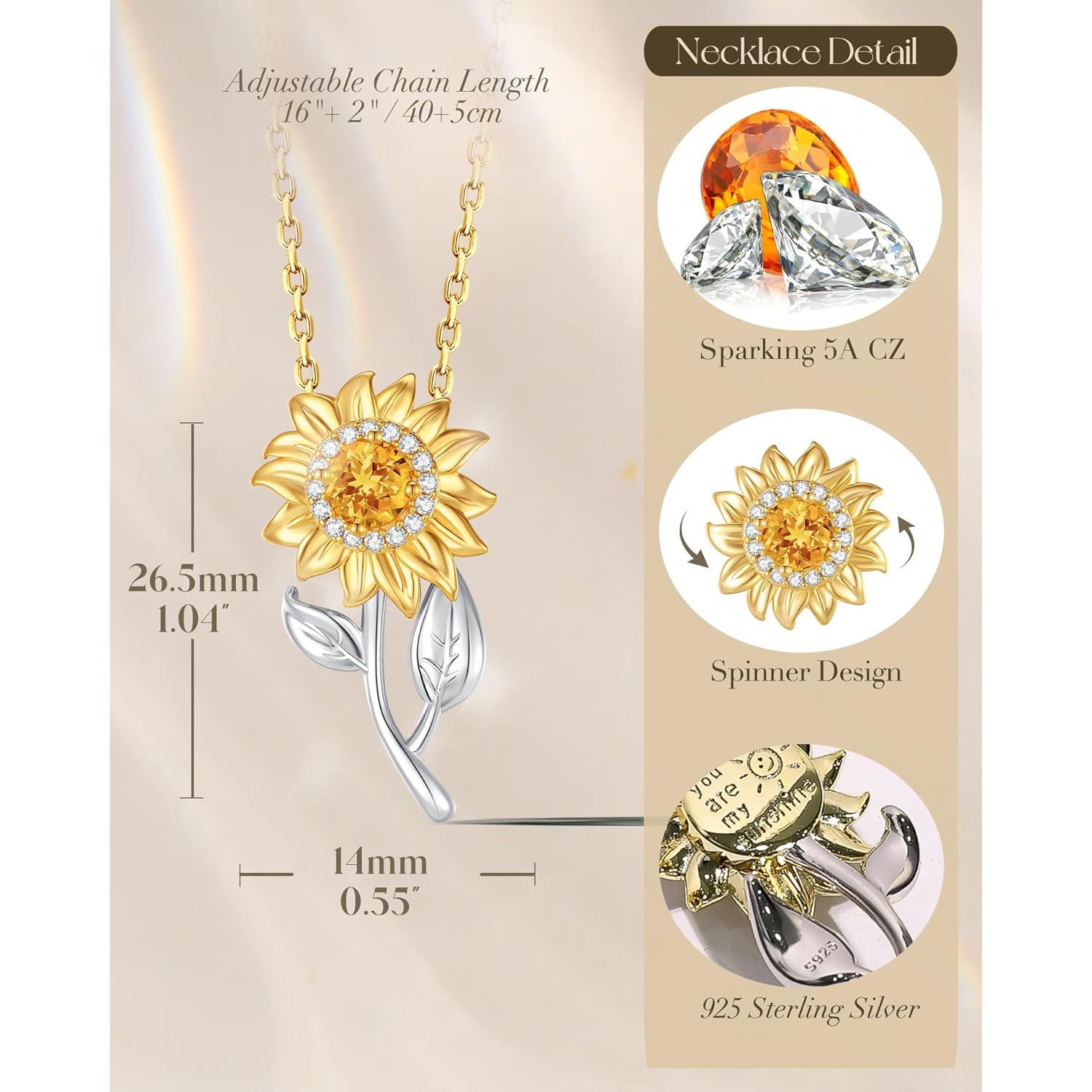 FANCIME Flower necklace Sterling Silver Spinning Pendant, You Are My Sunshine Fidget Rotatable Jewelry Birthday Mothers Day Gifts for Women Mom Wife Her