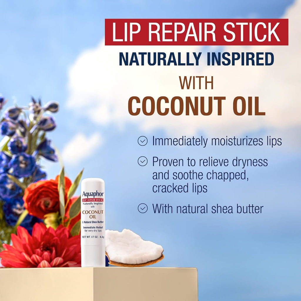 Aquaphor Naturally Inspired Lip Repair Stick With Coconut Oil And Natural Shea Butter, Hydrating Lip Balm Immediately Relieves Dryness, 0.17 Oz Stick