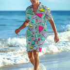 80S 90S Men'S Hawaiian Outfits 2 Piece Shirt And Shorts Sets Button Down Beach Suits Disco Party
