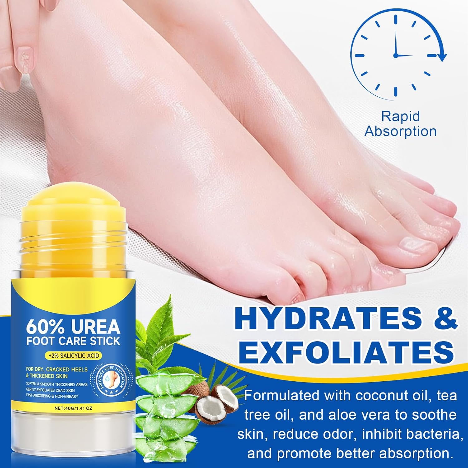 60% Urea Cream Stick plus 2% Salicylic Acid, Maximum Strength Urea Foot Cream Callus Remover for Dry Cracked Heels, Hands, Knees,Exfoliating Moisturizer, Dead Skin Remover Foot Balm 1.4oz (2pcs)