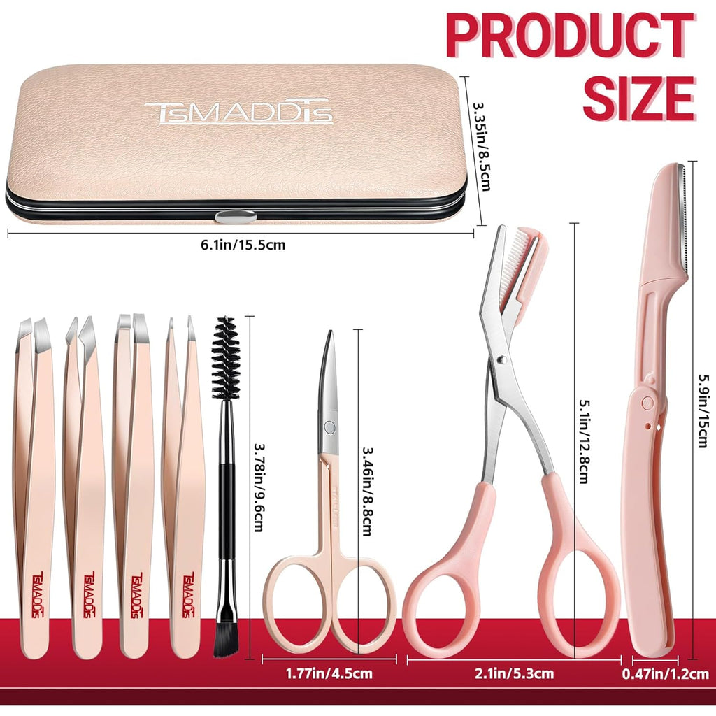 TsMADDTs Tweezers for Women Facial Hair, 8 in 1 Eyebrow Kit with Tweezers, Eyebrow Trimmer Scissors, Razor, Brush with Travel Bag, Hair Plucking Daily Beauty Tools