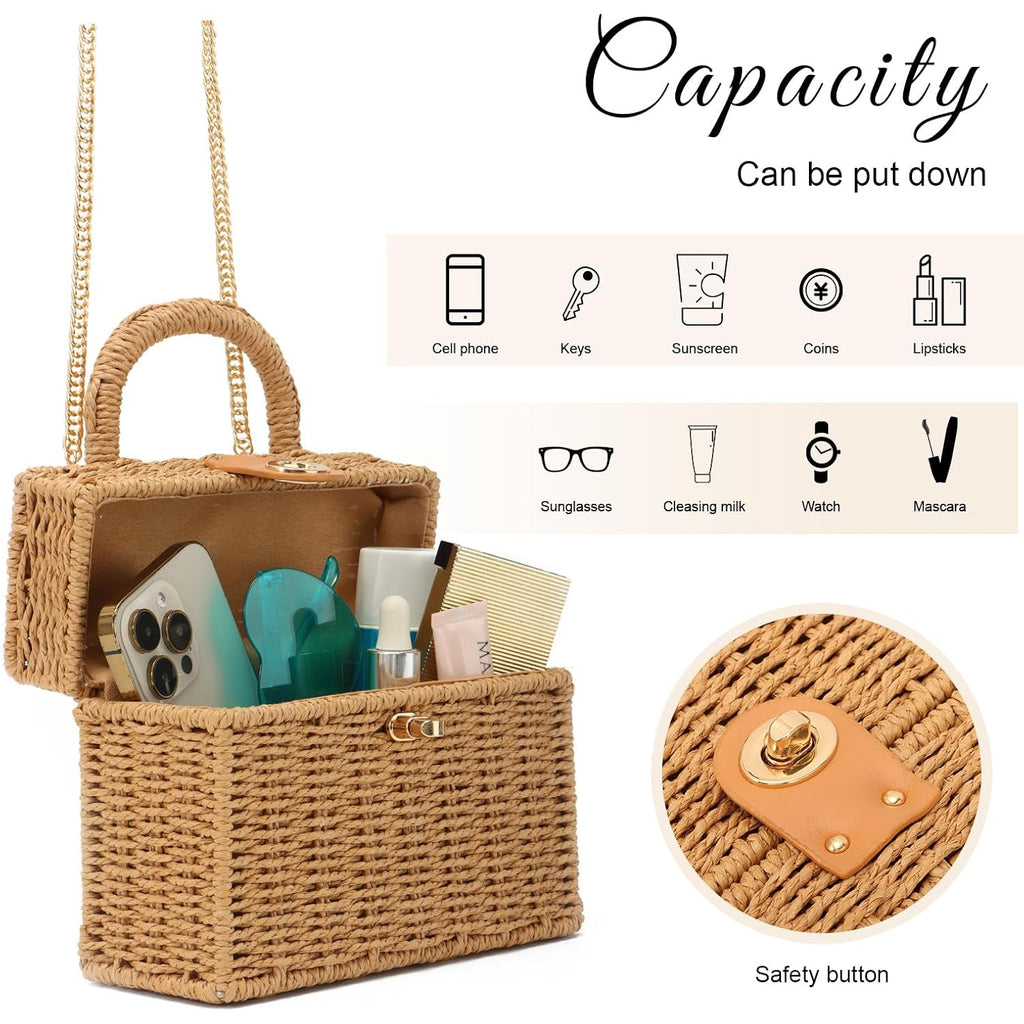 Kuang! Handwoven Rattan Bag For Women Woven Straw Square Crossbody Bag Vintage Basket Purse Beach Tote Bag